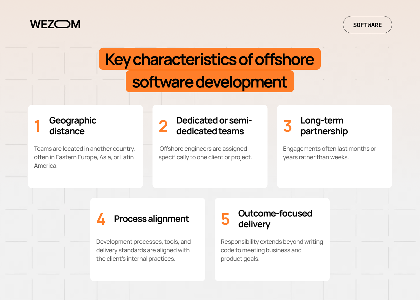 Key characteristics of offshore software development with dedicated teams, long-term partnership, and delivery model